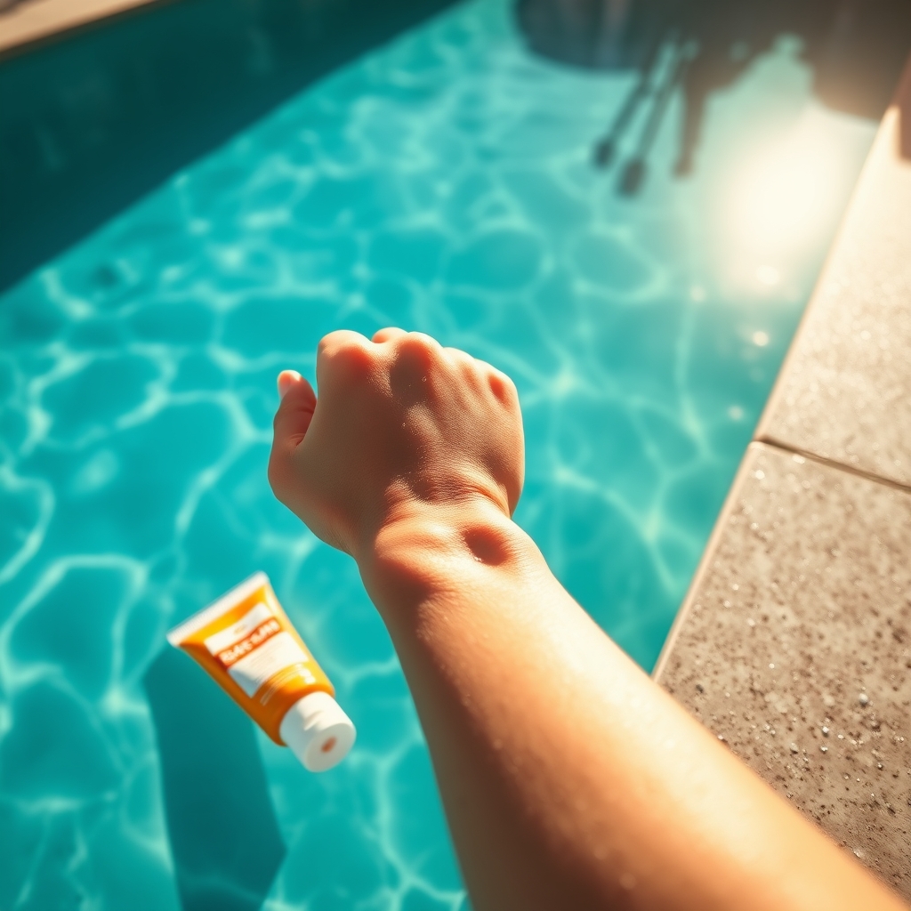 A forearm with water droplets beading on sunscreen-coated skin resting beside a sunscreen tube on a wet poolside deck in bright sunlight.