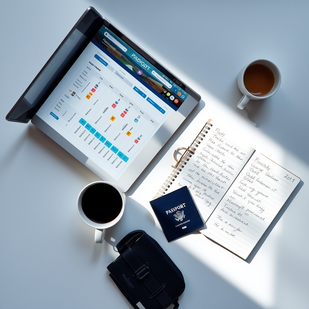 best time to buy plane tickets — Overhead view of a laptop with flight search results, a passport, notebook with route notes, and a coffee cup on a white desk.