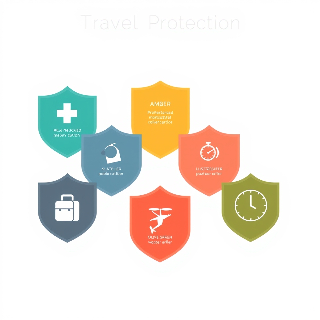 best travel insurance — Five colored shield icons in a row representing the five main travel insurance coverage types side by side