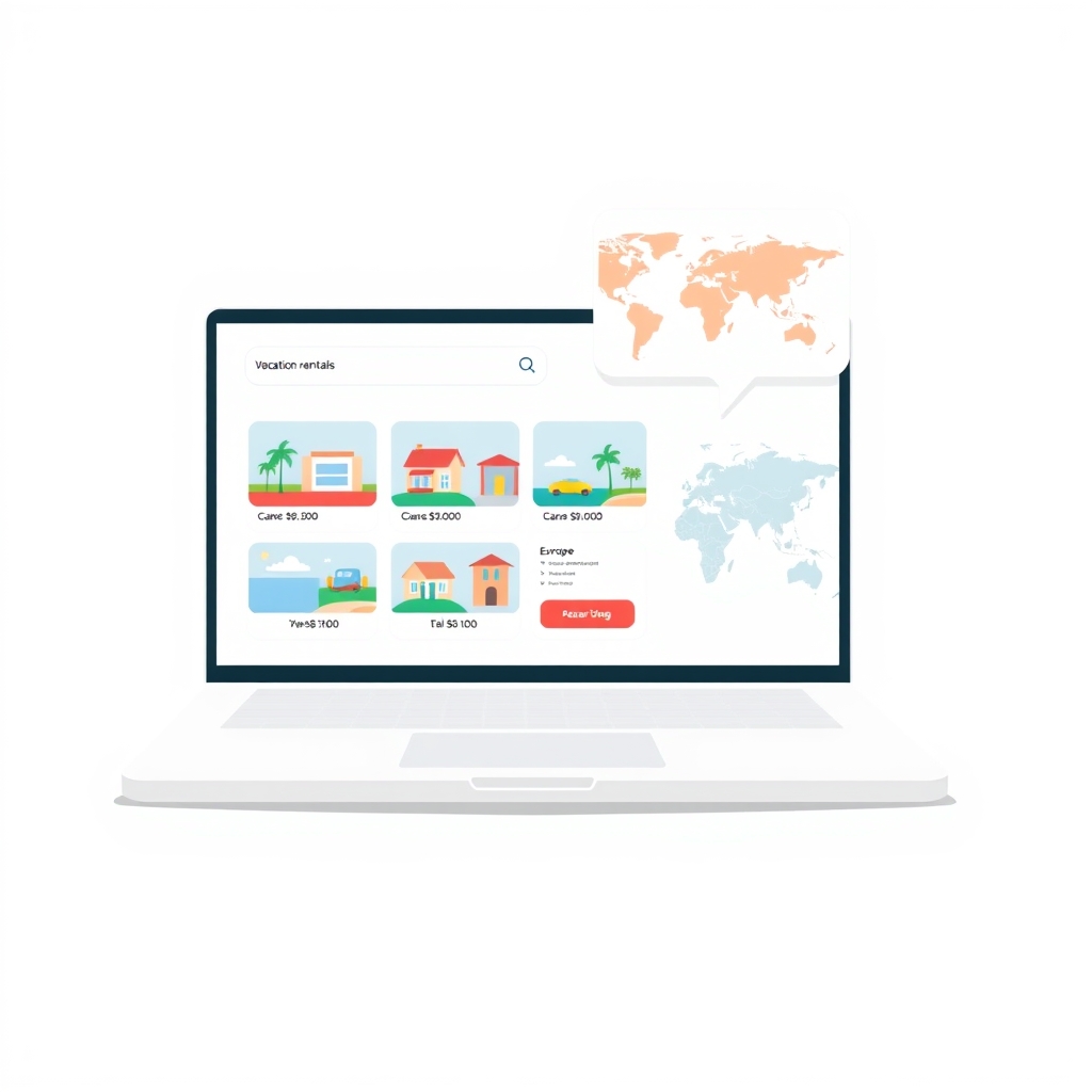 best vacation rental site — Laptop showing a vacation rental meta-search interface with three price comparison columns and a world map with destination pins.