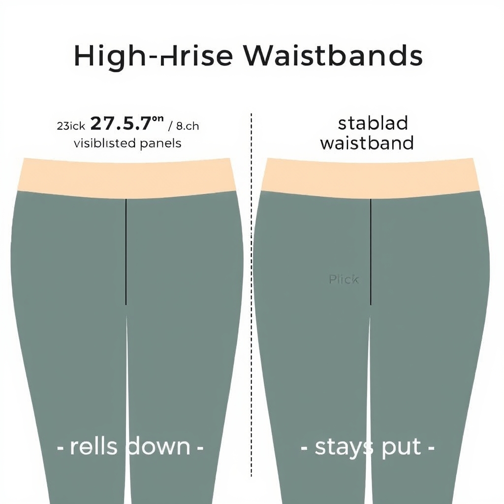 best workout leggings — Diagram comparing a thick gusseted high-rise waistband anchored above the hip bone versus a thin waistband that sits at the hip and rolls.