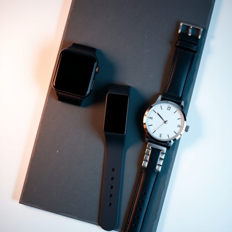 best wrist companion — Three watches side by side on slate: a smartwatch, a slim fitness tracker, and a silver dress watch with leather strap.
