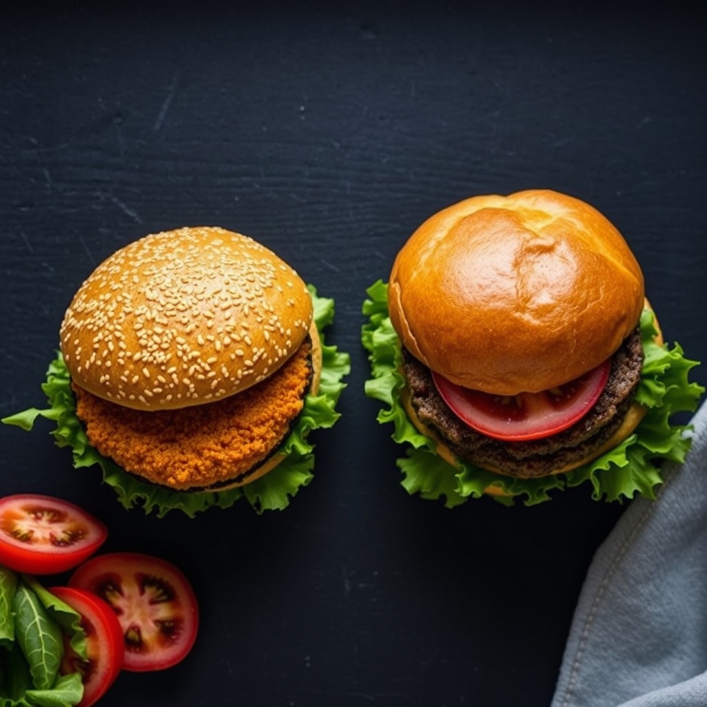 Two plant-based burger patties side by side on slate, each with distinct sear and texture, surrounded by fresh toppings.
