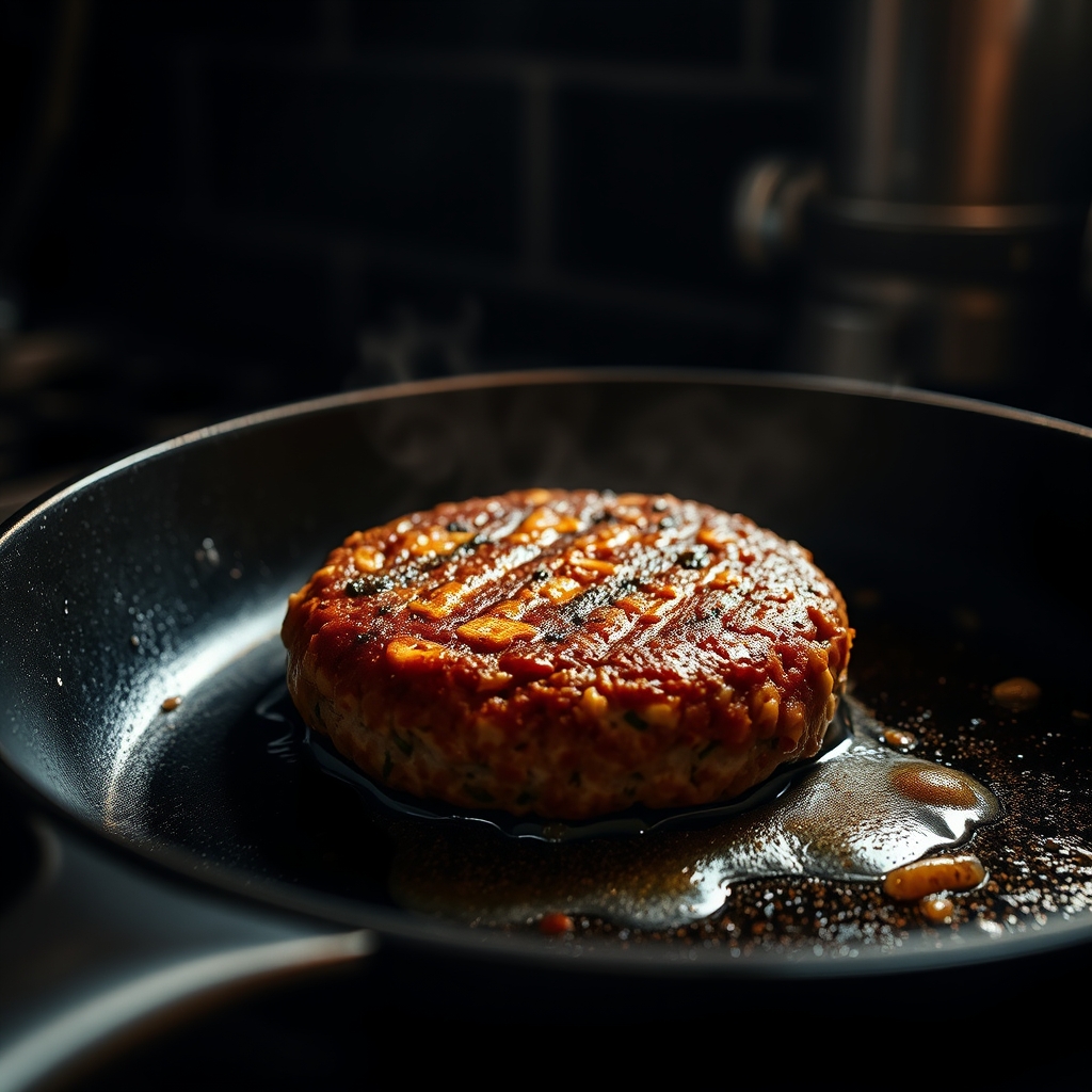 A plant-based burger patty developing a golden-brown crust in a cast-iron skillet with steam rising around it.
