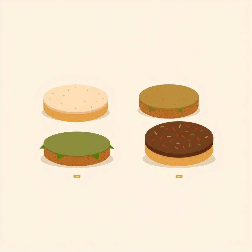 Four stylized plant-based burger patties arranged in a grid, each with a distinct color and texture representing different brands.