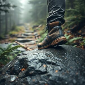 breathable hiking boots — Close-up of waterproof hiking boots on wet granite boulder surrounded by misty forest trail