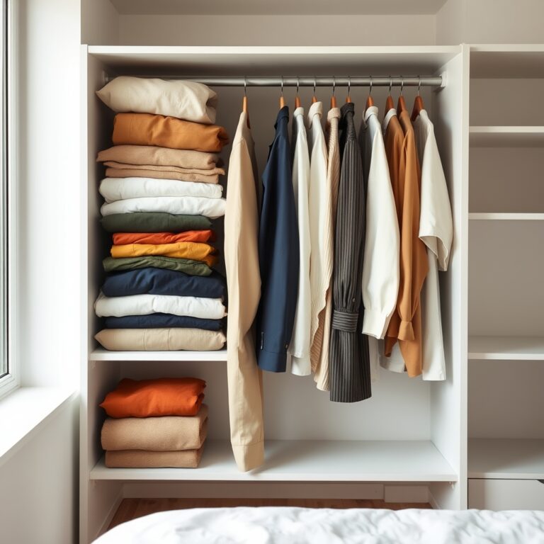 capsule wardrobe color palette — Open wardrobe with neatly arranged neutral capsule wardrobe pieces in cream, camel, navy, and rust tones