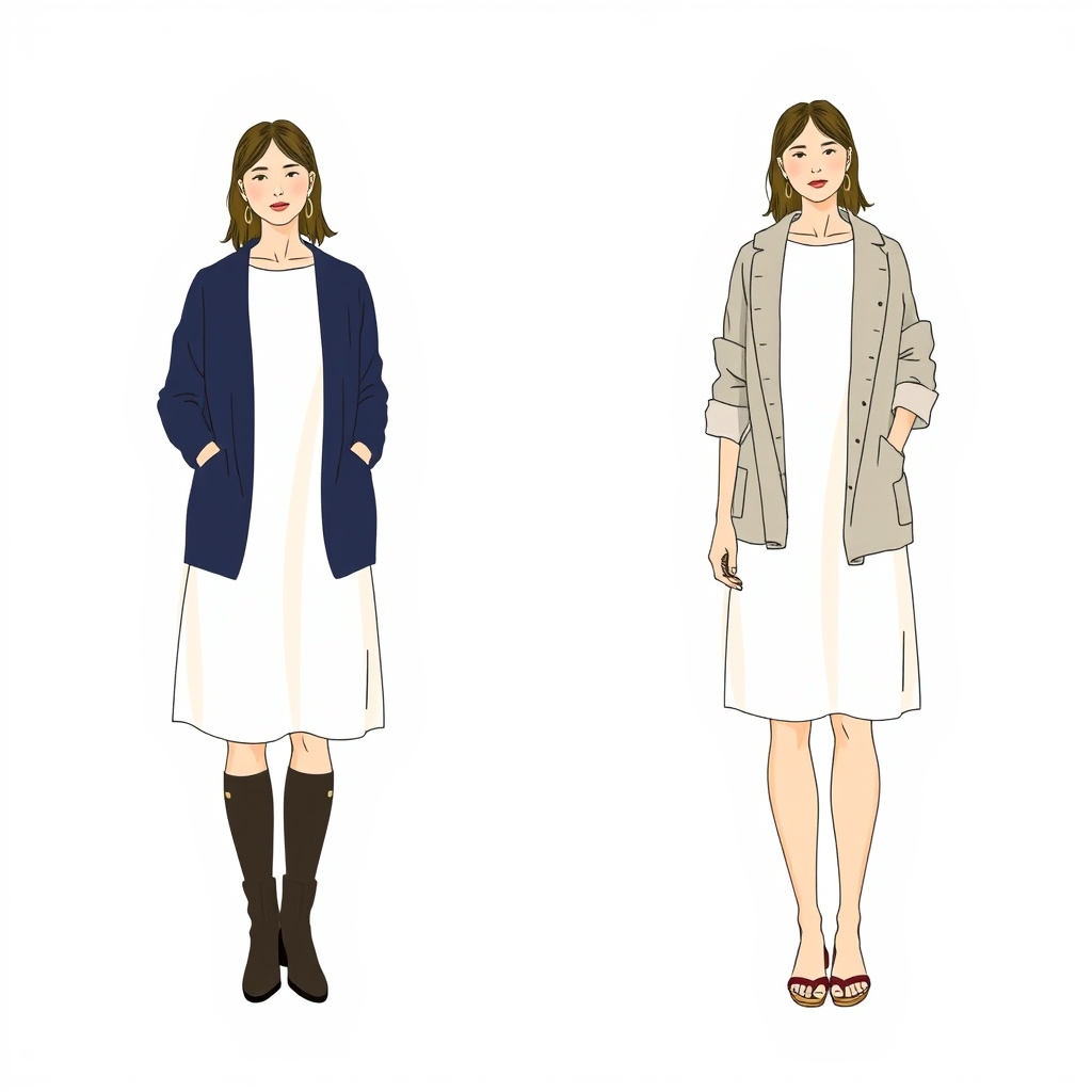 capsule wardrobe essentials — Split illustration of a cream shift dress styled two ways — layered with navy cardigan and boots in winter, and with sandals and linen overshirt in summer