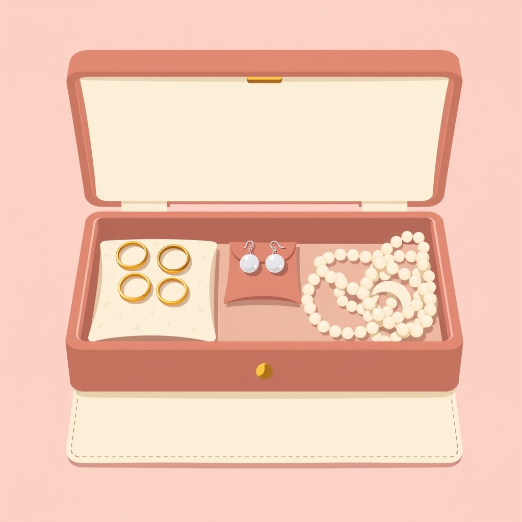 clean gold jewelry safely — Illustration of a divided jewelry box with gold rings, silver earrings in a pouch, and pearls wrapped separately in cloth compartments.