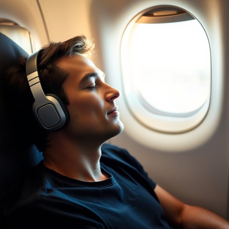Traveler wearing over-ear noise-canceling headphones relaxing in an airplane window seat with soft daylight