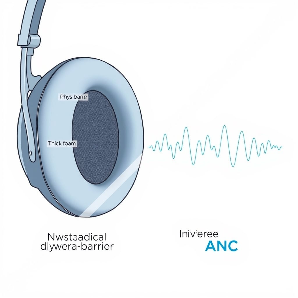Split diagram comparing passive noise isolation via physical ear cup layers on the left and active ANC waveform cancellation on the right