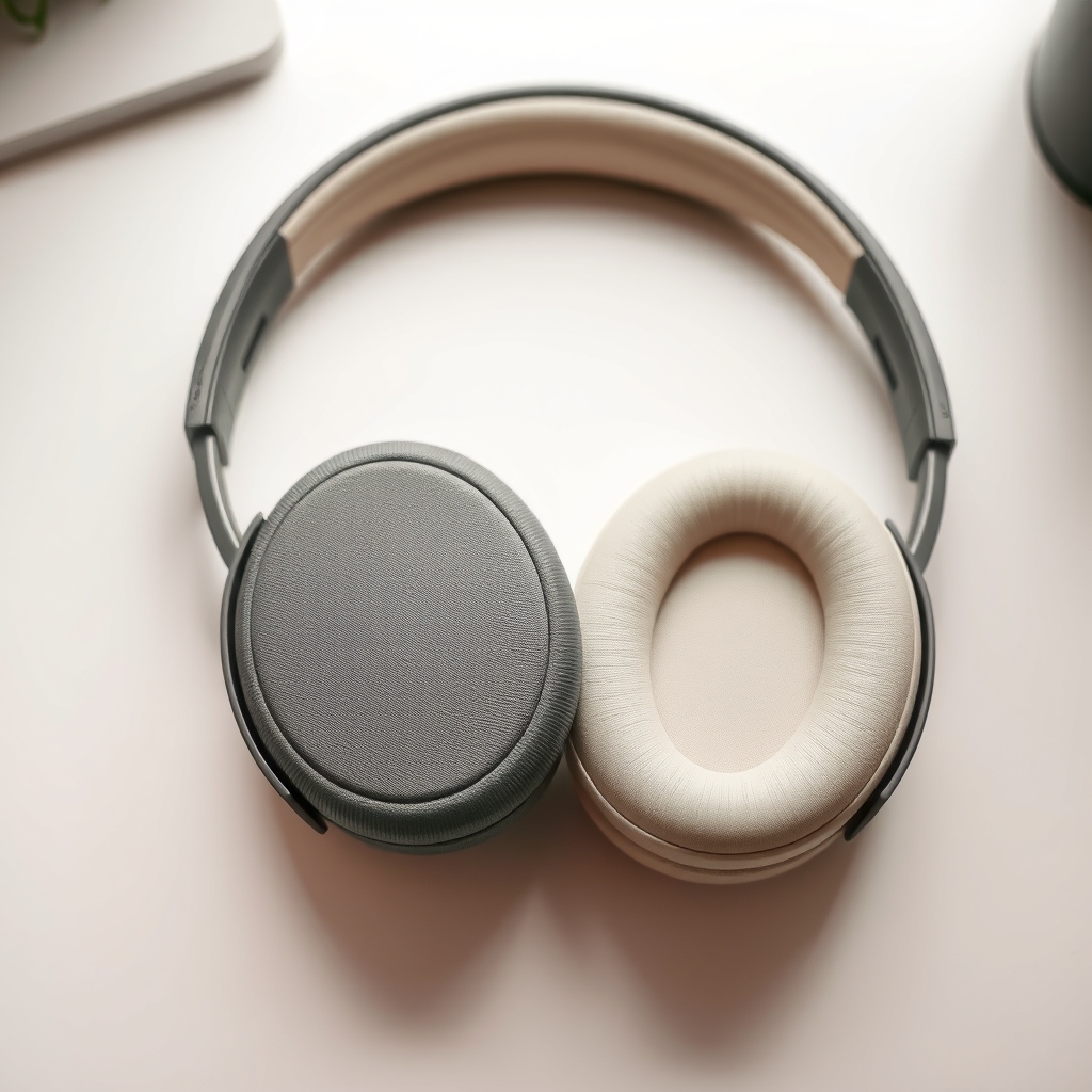 Two over-ear headphone ear pads side by side on a desk showing contrasting foam and silicone leather cushion materials