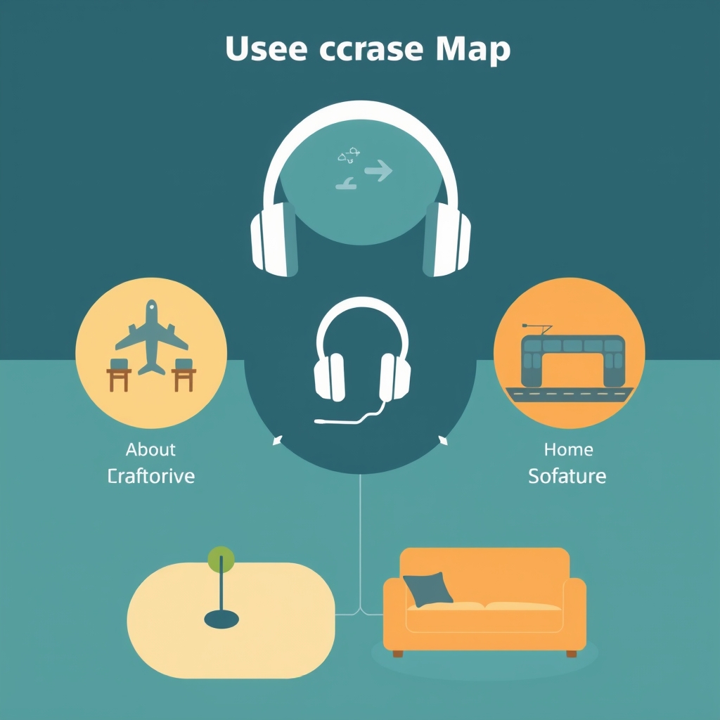 Flat vector diagram of four headphone use-case environments: airplane, open office, city commute, and home listening