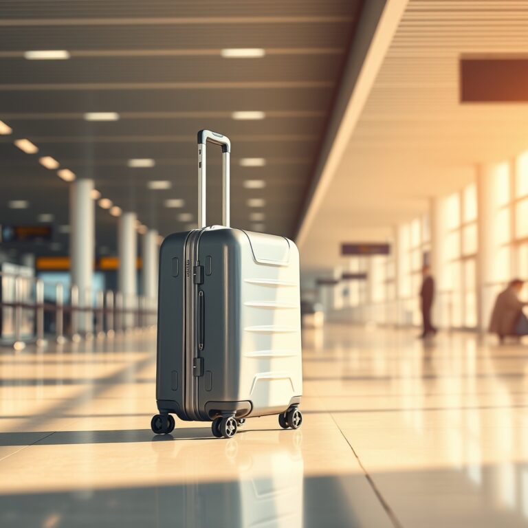 Polycarbonate hard-shell carry-on suitcase standing in an airport terminal with overhead bins in background