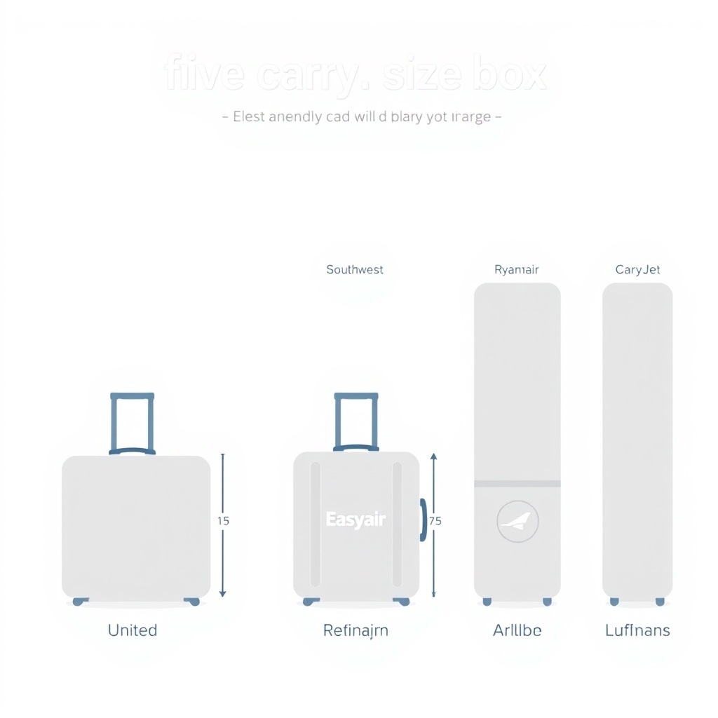Flat vector diagram comparing carry-on size allowances for five major airlines side by side with dimension labels