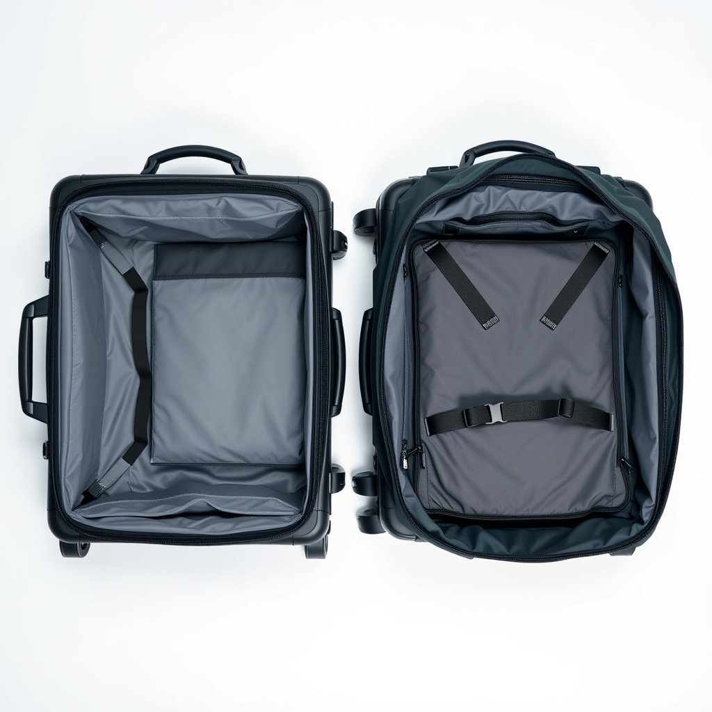 Flat-lay overhead shot comparing open hard-shell and soft-sided carry-on bags showing interior compartments and straps