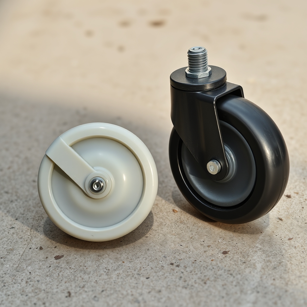 Close-up comparison of a worn plastic spinner wheel caster next to a smooth polyurethane luggage wheel on grey surface