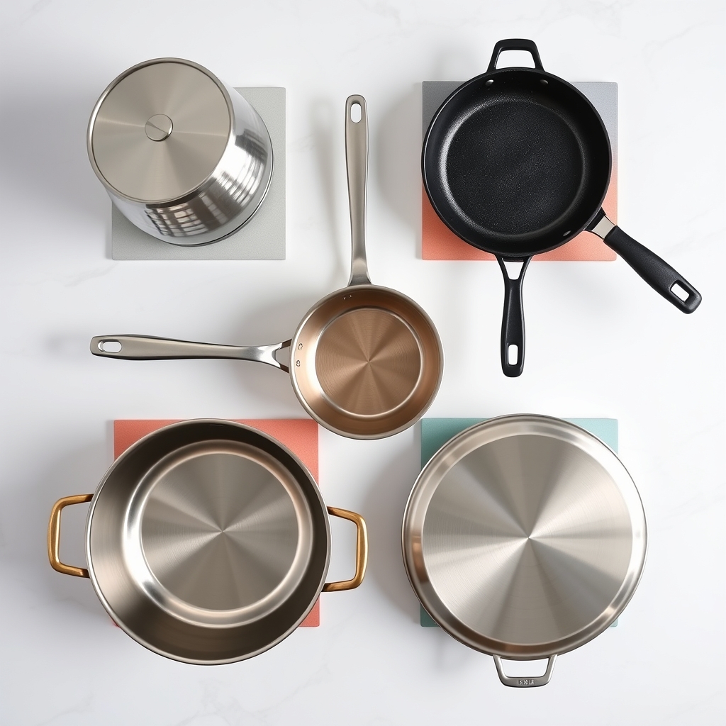 Six cookware types in a flat-lay grid: stainless steel, cast iron, non-stick, copper, aluminum, and anodized aluminum pans.