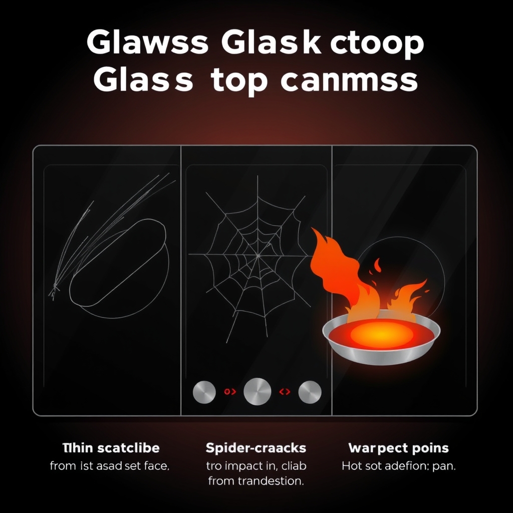 Triptych illustration of three glass cooktop damage types: surface scratch, impact crack, and thermal hot spot from a warped pan.
