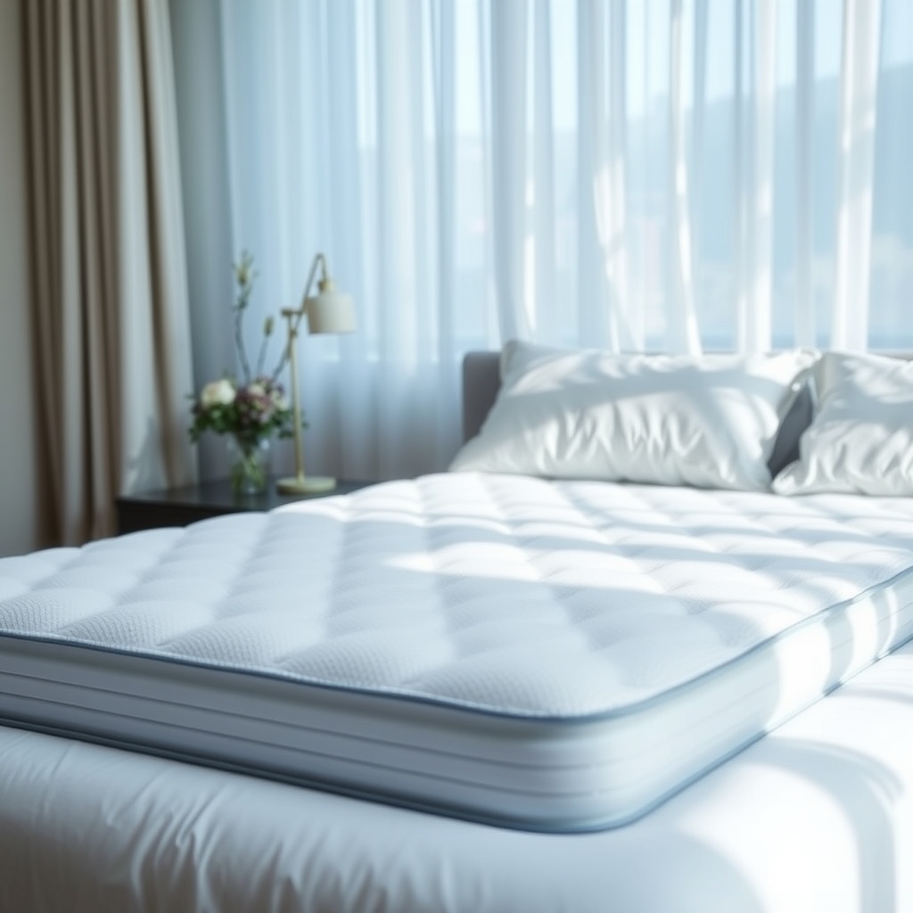 A layered cooling mattress topper on a neatly made bed in a bright minimalist bedroom with cool morning light.