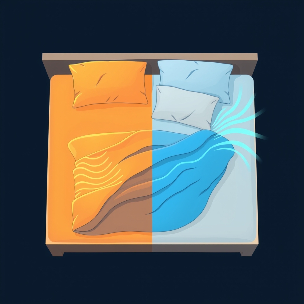 Isometric split-bed illustration showing one warm sleeping zone and one cool sleeping zone representing dual temperature control.