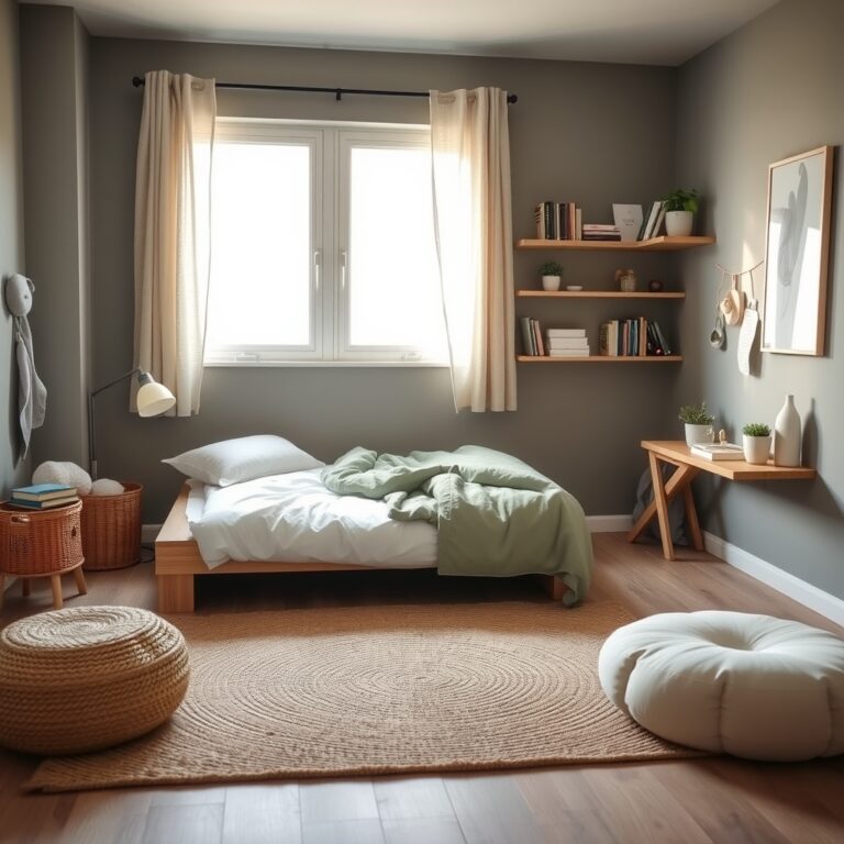 Gender-neutral kids' bedroom with warm gray walls, oak bed frame, cream bedding, sage accents, and jute rug in natural light.