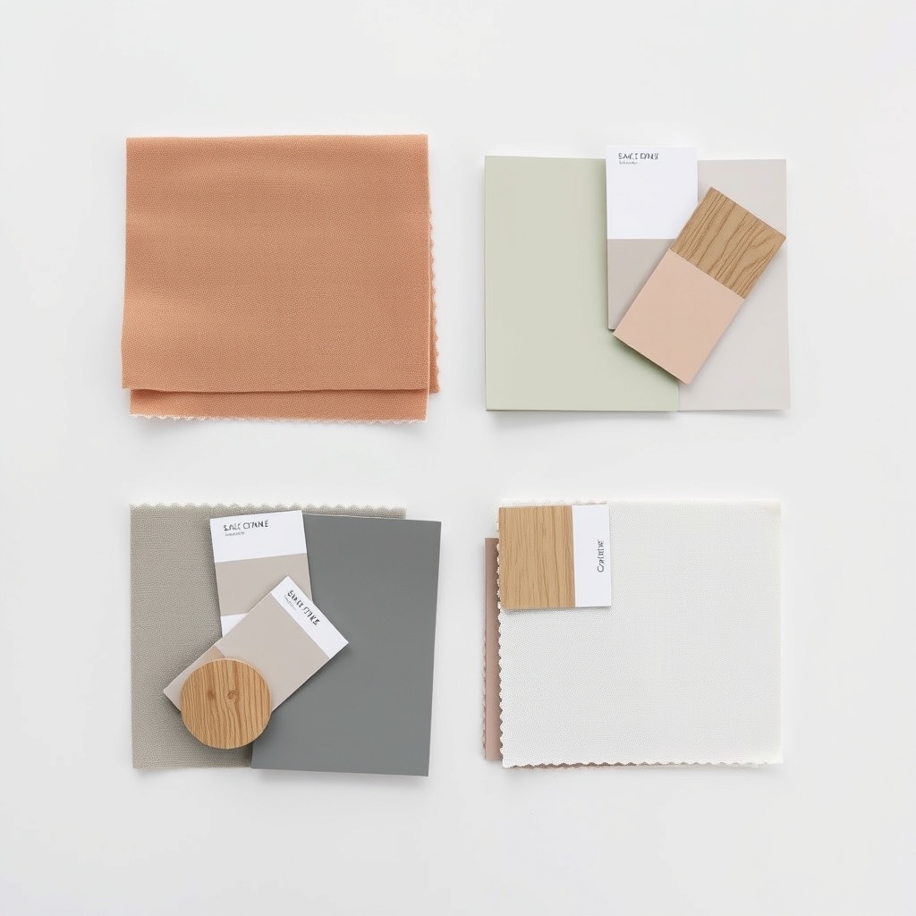 Flat-lay of four gender-neutral color palette swatches pairing paint chips, fabric, and wood samples in muted, warm tones.