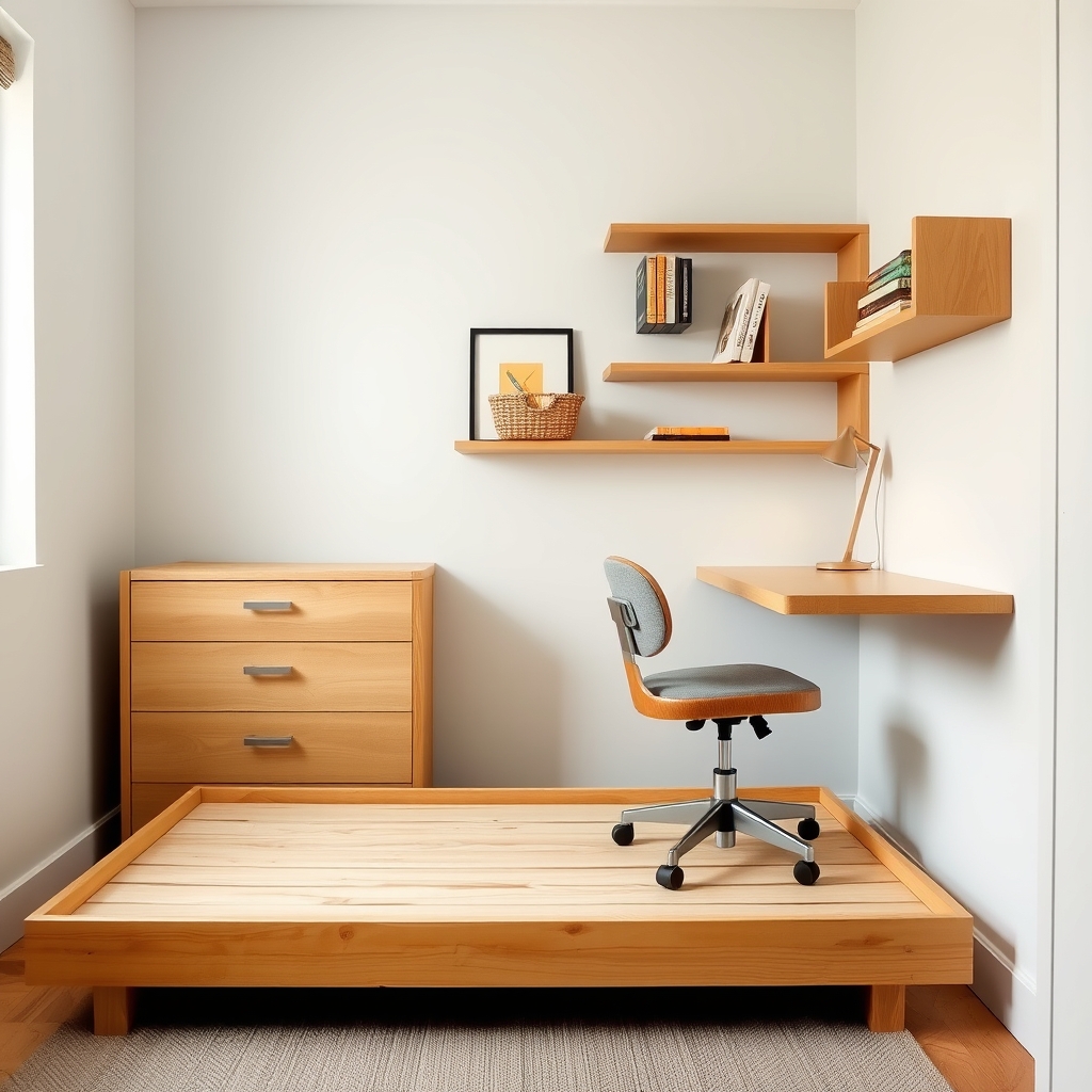 Children's bedroom corner with low oak platform bed, wooden dresser, floating shelves, and a minimal desk and neutral chair.