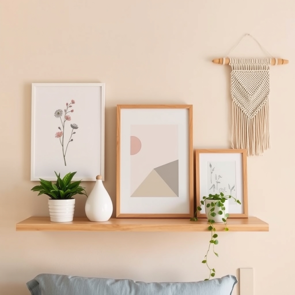 Children's bedroom wall display with picture ledge, framed botanical and abstract prints, woven wall hanging, and small floating shelf.