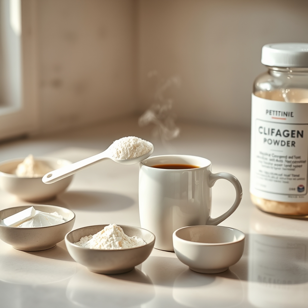collagen supplements joint health — Collagen peptide powder being scooped into a steaming mug of black coffee on a minimalist kitchen counter