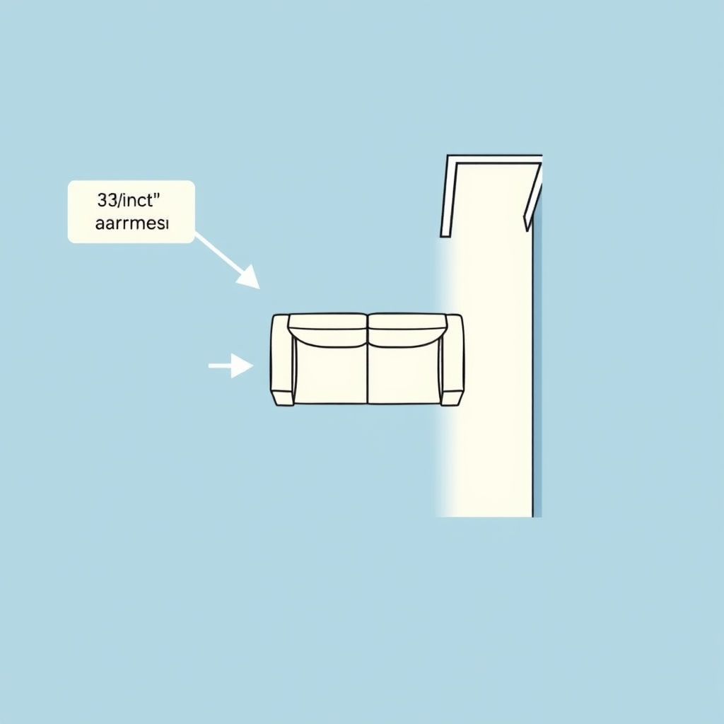 compact sectional sofa — Top-down floor plan diagram showing how to measure a doorway and hallway to fit a sofa, with width and turning-radius callouts.