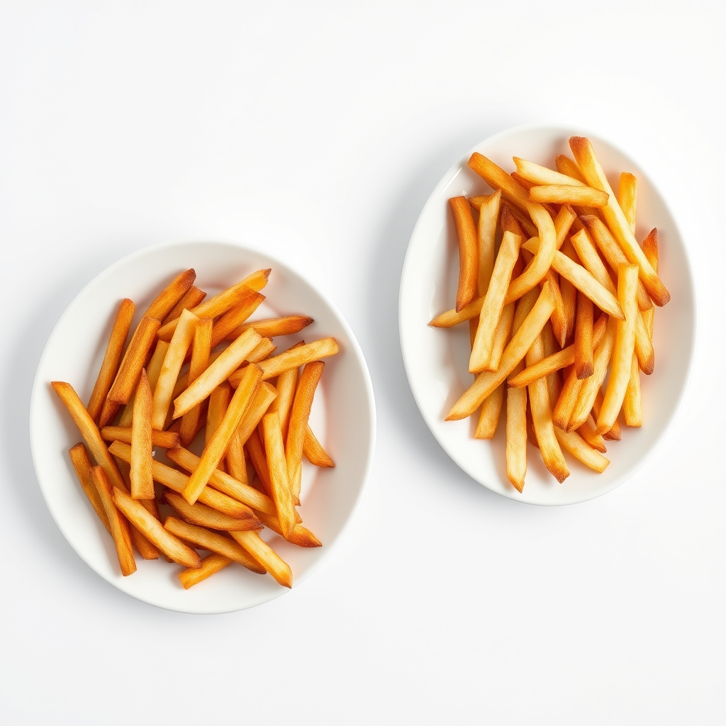 convection oven vs air fryer — Two plates of French fries side by side, one batch evenly golden-brown and crispy, the other pale and unevenly cooked, on a white surface.