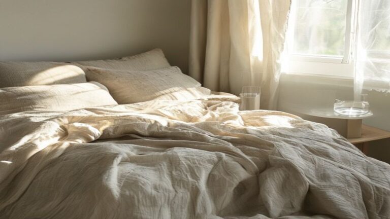 cooling linen bedding — Rumpled natural linen sheets on a sunlit bed beside an open window with a sheer curtain, conveying cool breathability.