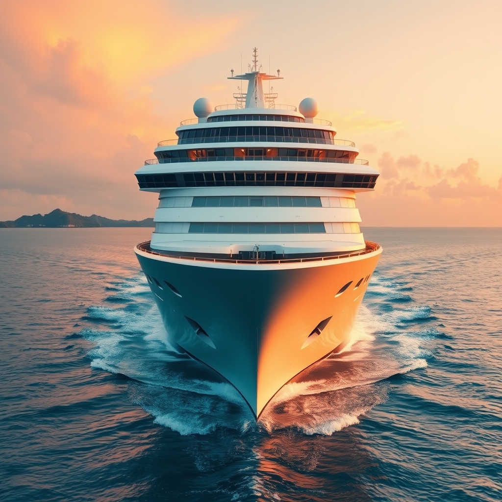 cruise line comparison — Large modern cruise ship sailing through calm turquoise Caribbean waters at golden hour with islands on the horizon.