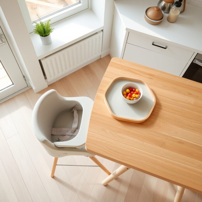 easy to clean high chair — A compact gray high chair with a food tray sits beside a wooden dining table in a bright modern kitchen.
