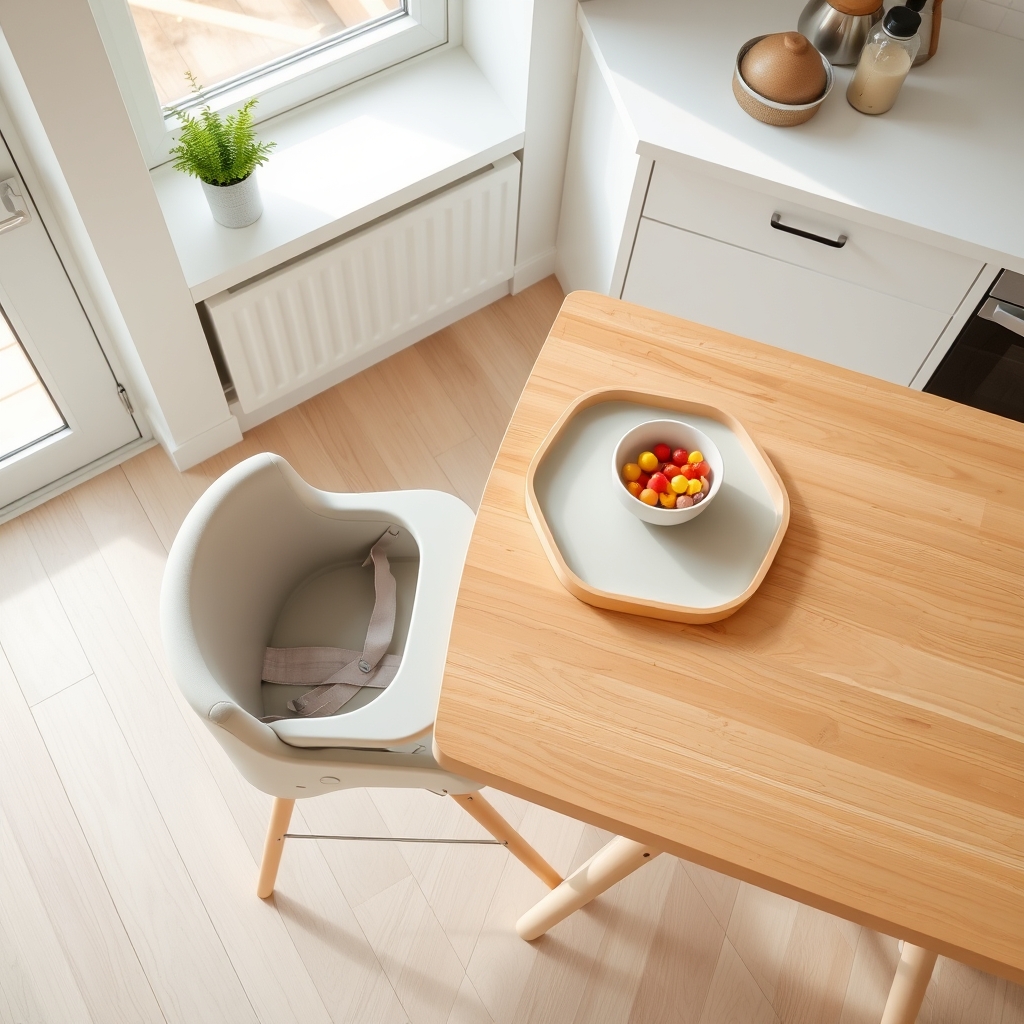easy to clean high chair — A compact gray high chair with a food tray sits beside a wooden dining table in a bright modern kitchen.