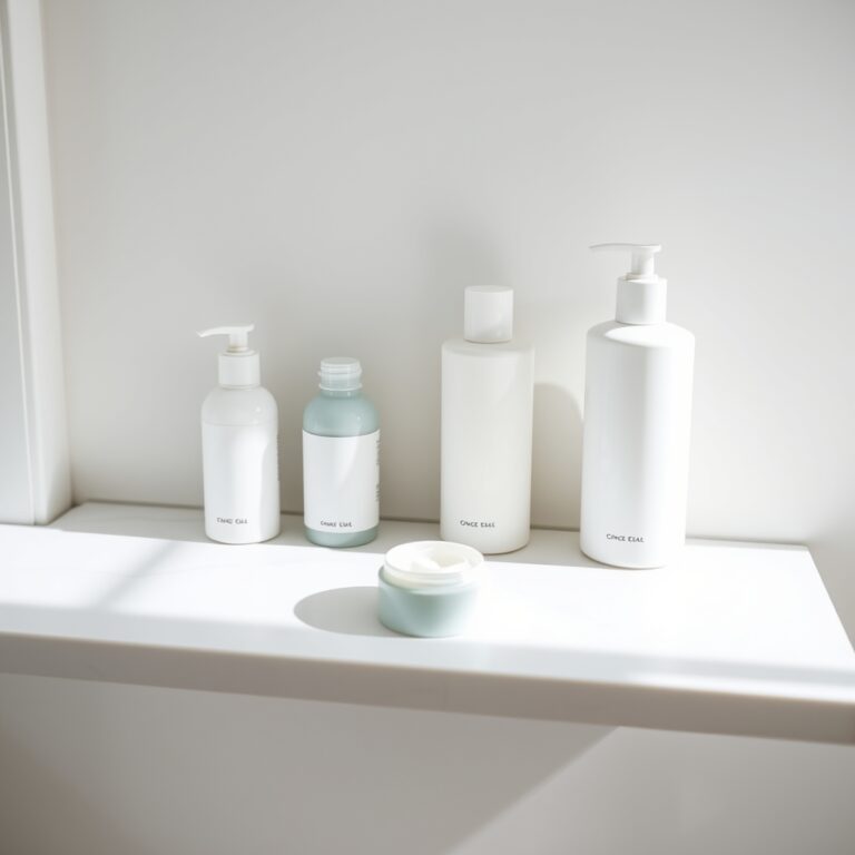 eczema skincare routine — Minimalist bathroom shelf with fragrance-free skincare bottles and moisturizer tub on white marble in soft natural light.