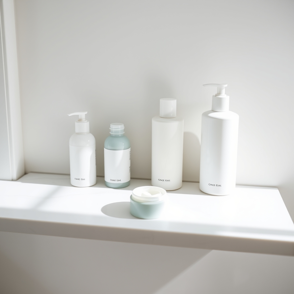 eczema skincare routine — Minimalist bathroom shelf with fragrance-free skincare bottles and moisturizer tub on white marble in soft natural light.