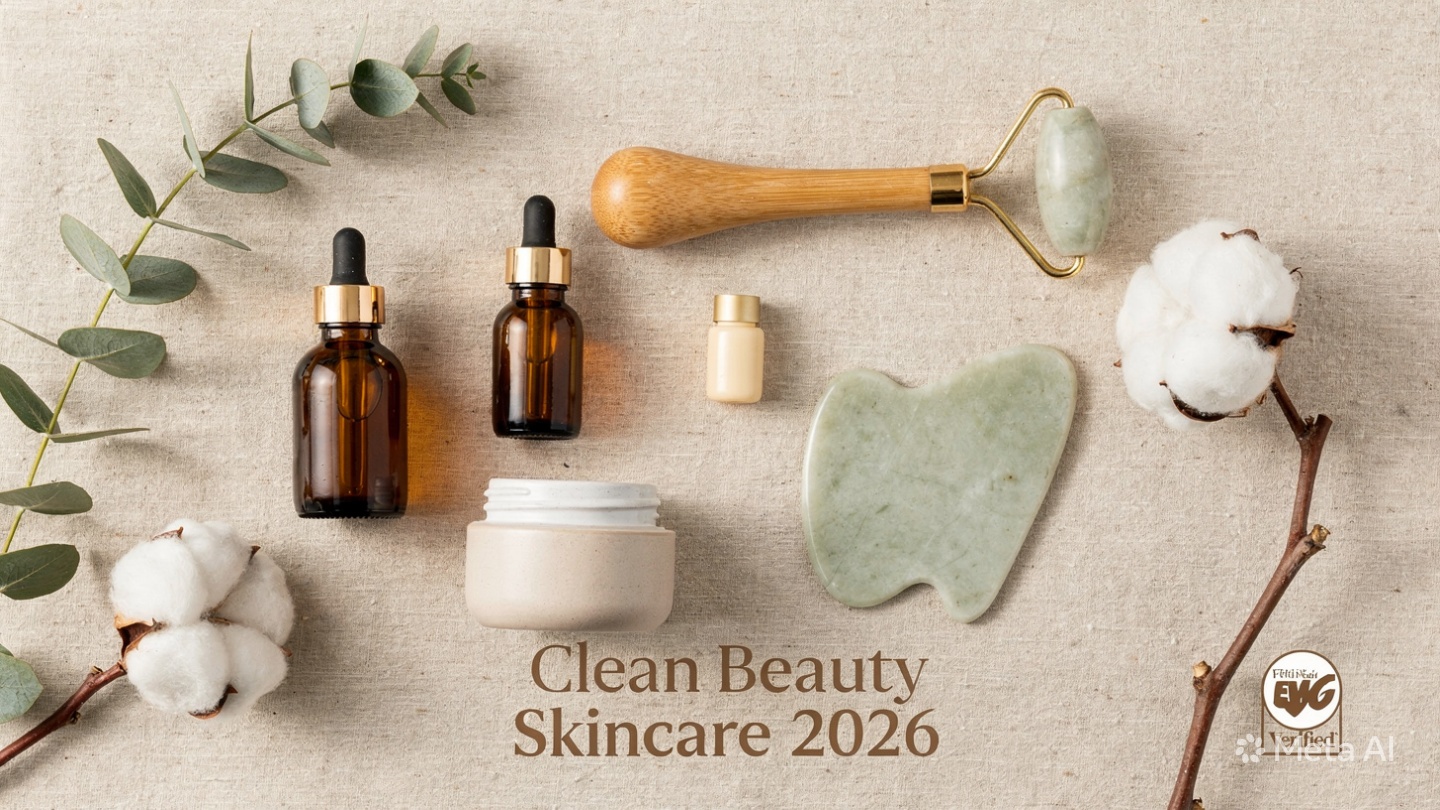 Minimalist flat lay of clean beauty skincare products on textured beige linen: two amber glass dropper bottles with white labels, a matte white ceramic cream jar with wooden lid, a bamboo facial roller, and a green jade gua sha tool. Styled with fresh eucalyptus leaves and soft cotton branches. Overlay text reads “Clean Beauty Skincare 2026” with a small “EWG Verified” badge icon. Represents non-toxic, cruelty-free, sustainable skincare brands.