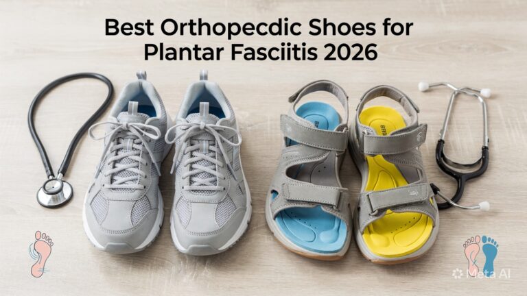 Flat lay on a light wood surface showing orthopedic footwear for plantar fasciitis: a pair of gray supportive running sneakers and tan adjustable sandals with thick cushioned soles. Visible features include contoured arch support insoles, deep heel cups, and rocker bottom soles. Styled with a stethoscope and foot pain relief icons. Overlay text reads “Best Orthopedic Shoes for Plantar Fasciitis 2026”. Conveys medical-grade shoes designed for heel pain, arch support, and foot alignment.