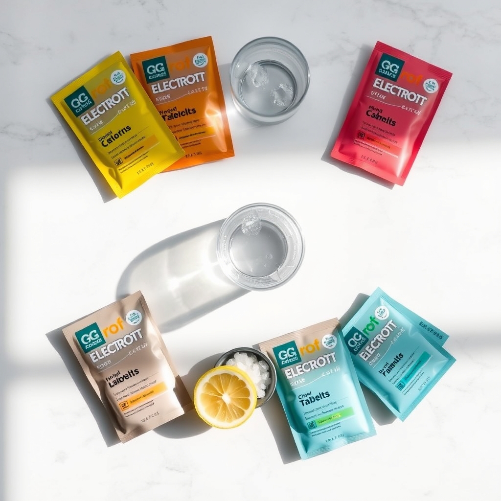 electrolyte replacement drinks — Overhead flat-lay of assorted electrolyte drink packets, tablets, a glass of fizzing water, lemon slice, and salt crystals on white marble.