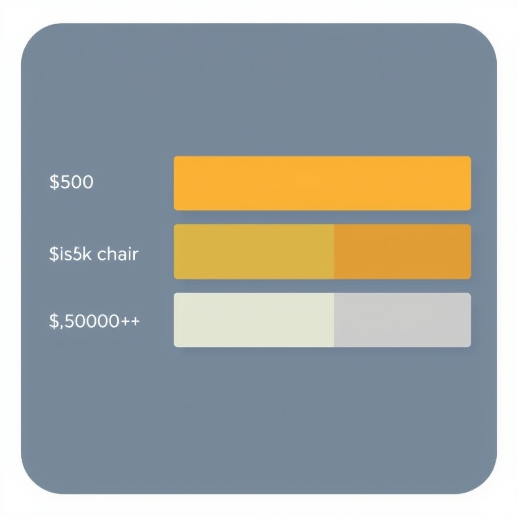 ergonomic desk setup cost — Five horizontal budget allocation bars from $500 to $5000+, each divided into color-coded segments for desk, chair, lighting, storage, and accessories.