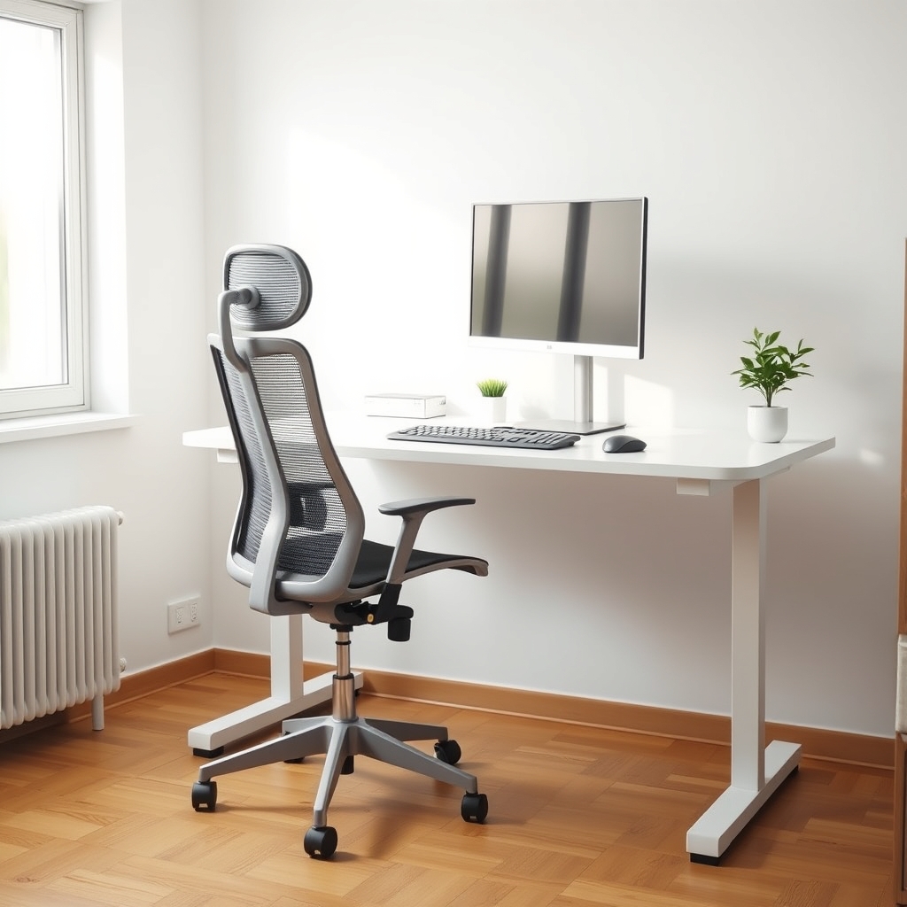 A well-organised ergonomic home office with a mesh chair, monitor arm, and keyboard on a white desk in natural light.