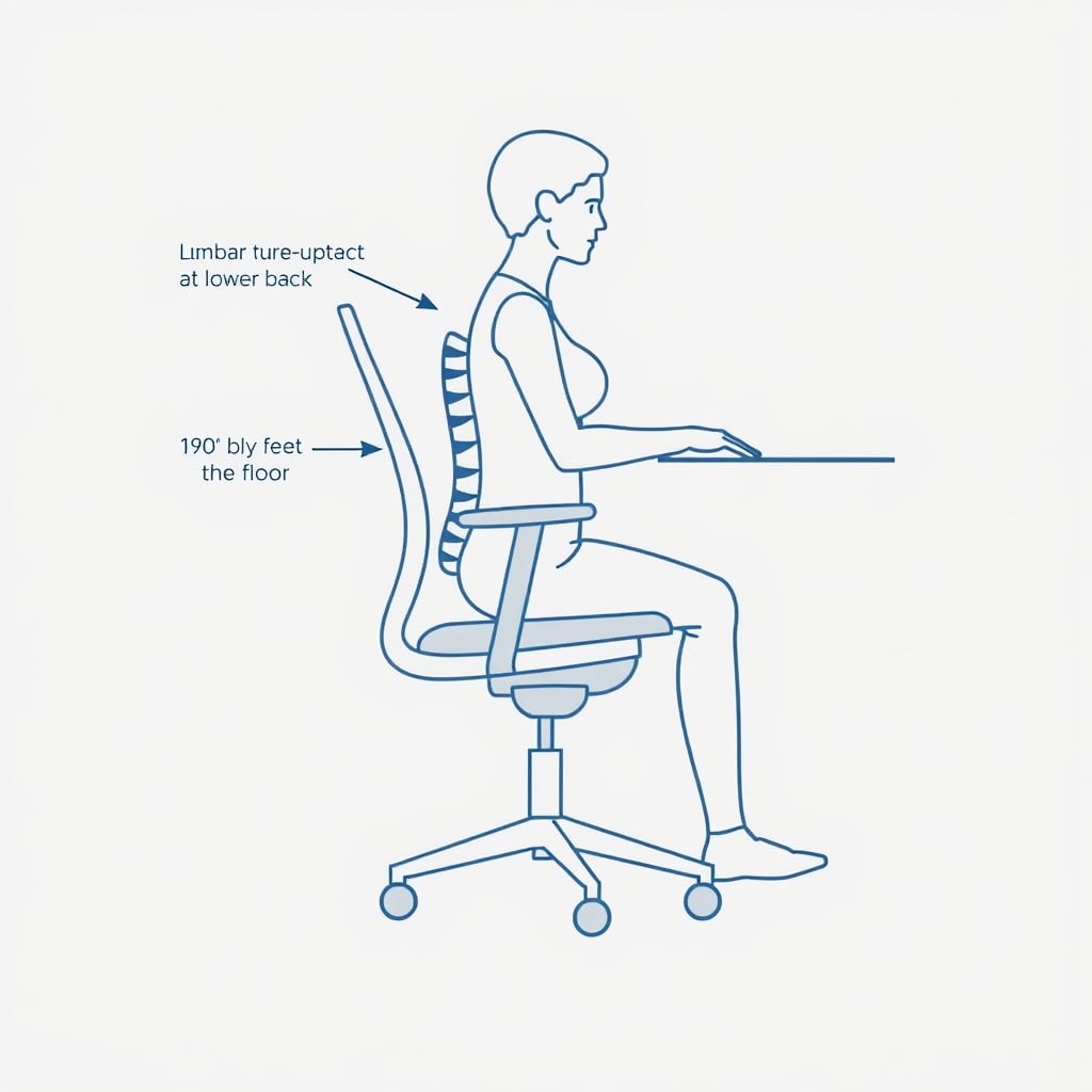 Side-profile diagram of a person seated ergonomically, with labels showing lumbar support, knee angle, foot position, and elbow height.