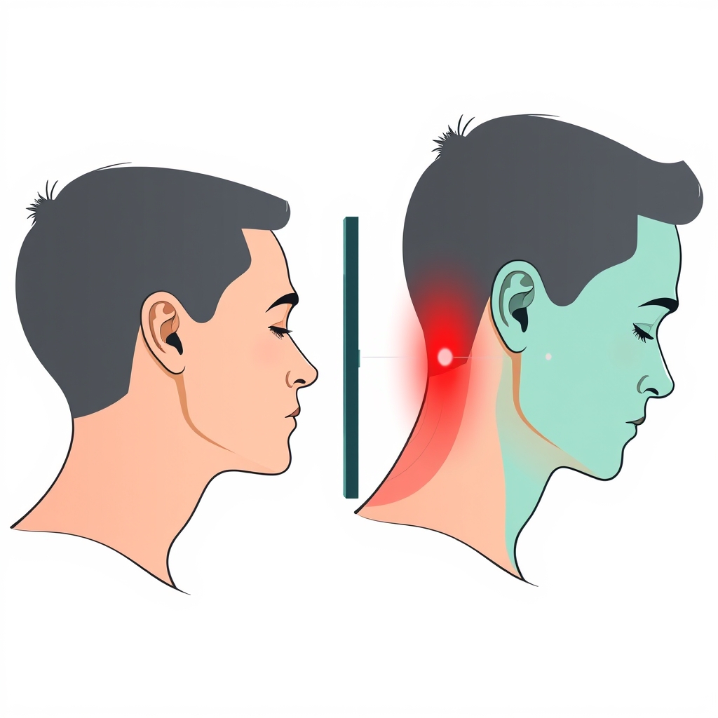 Side-profile comparison diagram showing neutral neck posture versus forward-head posture caused by a monitor positioned too low.