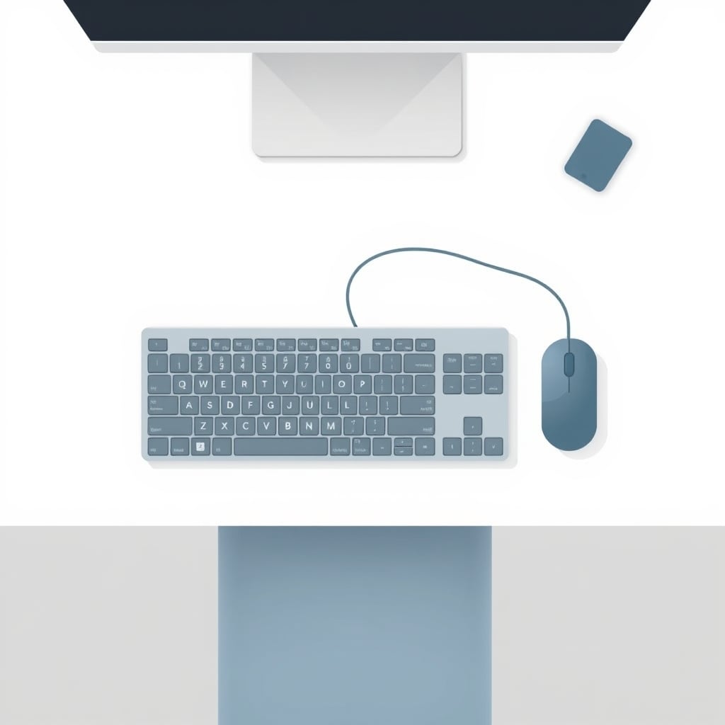 Top-down diagram of a desk showing correct keyboard and mouse placement with straight wrists and elbows at 90 degrees.