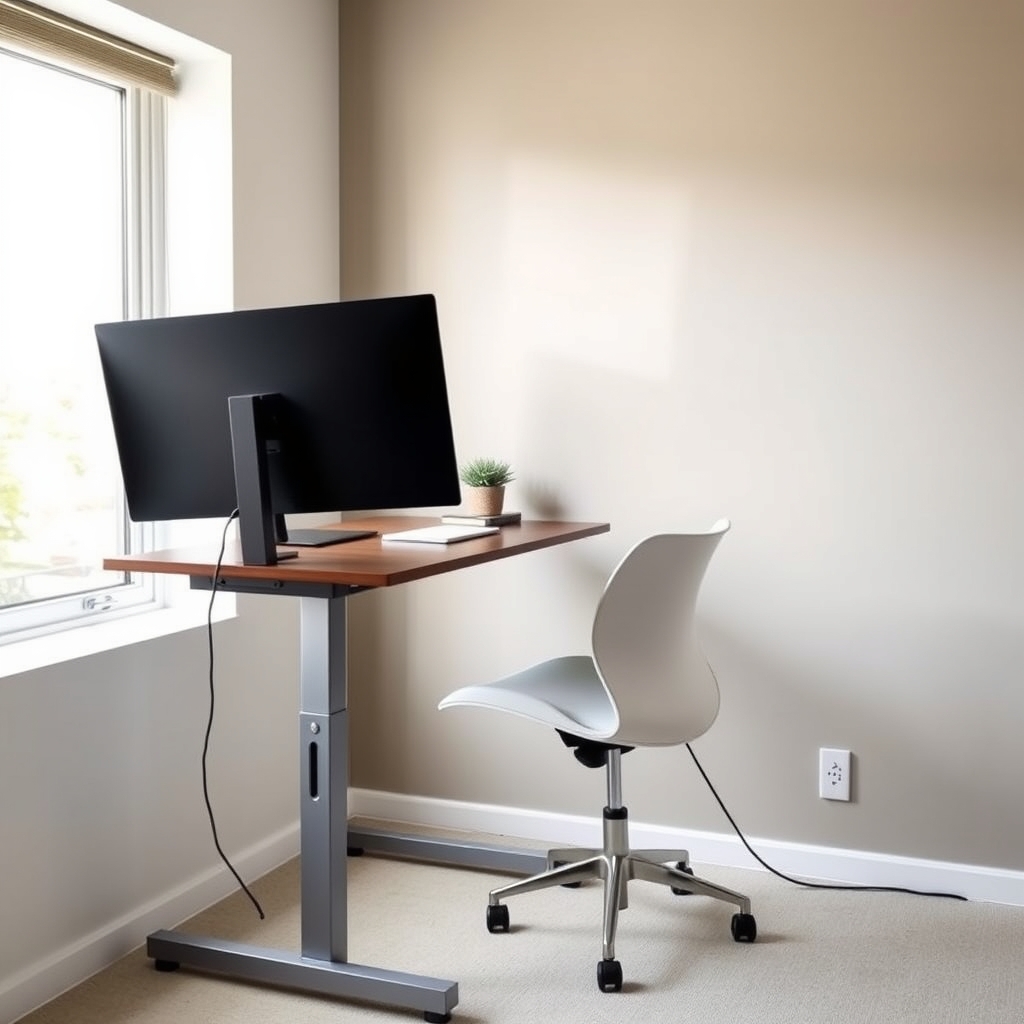 ergonomic office setup — Modern home office with a sit-stand desk at standing height, ergonomic chair, and natural window light