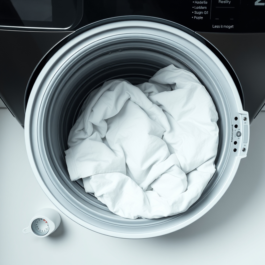 extend sheet lifespan — Overhead view of a washing machine drum loaded loosely with white sheets alongside a small measured amount of liquid detergent