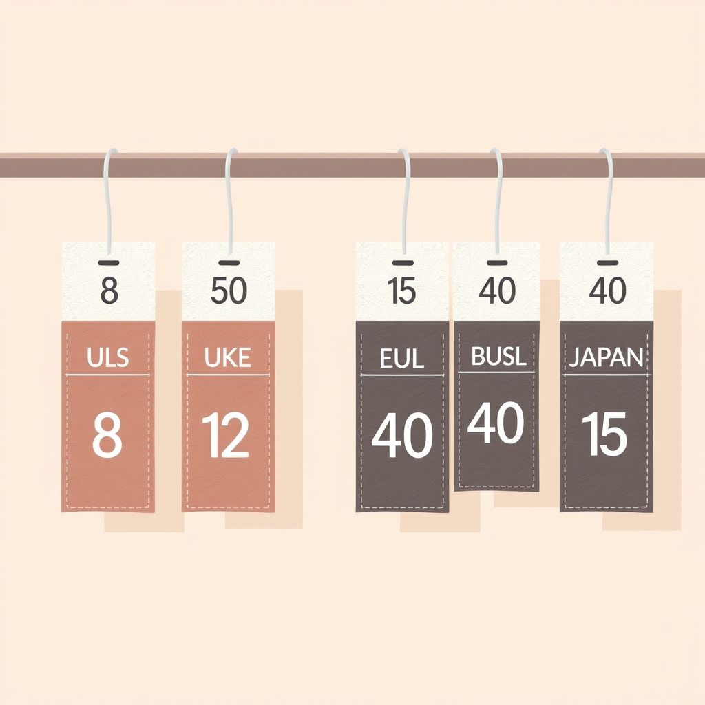 Four clothing size tags side by side showing US 8, UK 12, EU 40, and Japan 13 equivalents on a minimal rack.
