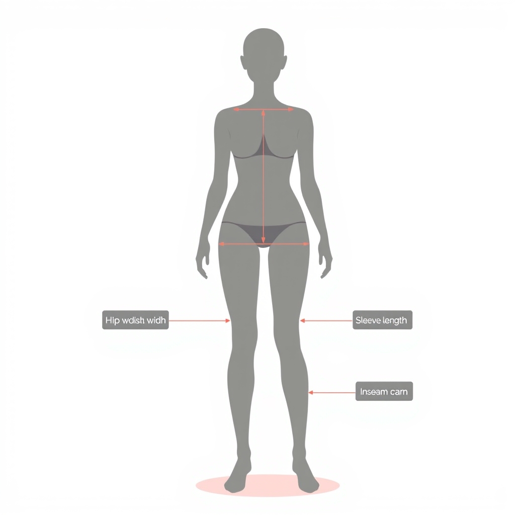 Illustrated female silhouette with six labeled measurement lines: bust, waist, hip, shoulder width, sleeve length, and inseam.